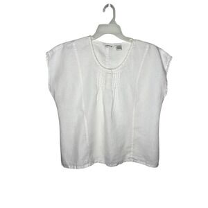 Orvis Women White 100% Linen Cap Sleeve Pin Tuck Pullover Blouse Top Large 14/16